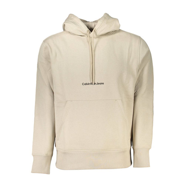 Beige Cotton Men SweaterElevate your wardrobe with the unmistakable flair of Calvin Klein. This beige long-sleeved sweatshirt is a perfect blend of comfort and style, featuring a cozy fleece interior and a handy central pocket for your essentials. Adorned