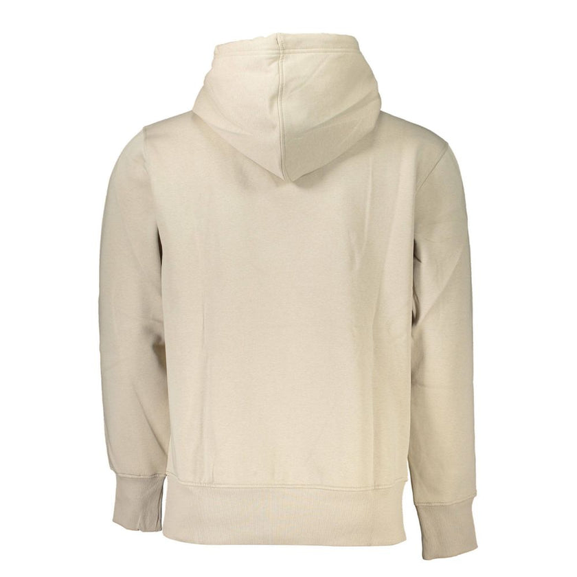 Beige Cotton Men SweaterElevate your wardrobe with the unmistakable flair of Calvin Klein. This beige long-sleeved sweatshirt is a perfect blend of comfort and style, featuring a cozy fleece interior and a handy central pocket for your essentials. Adorned