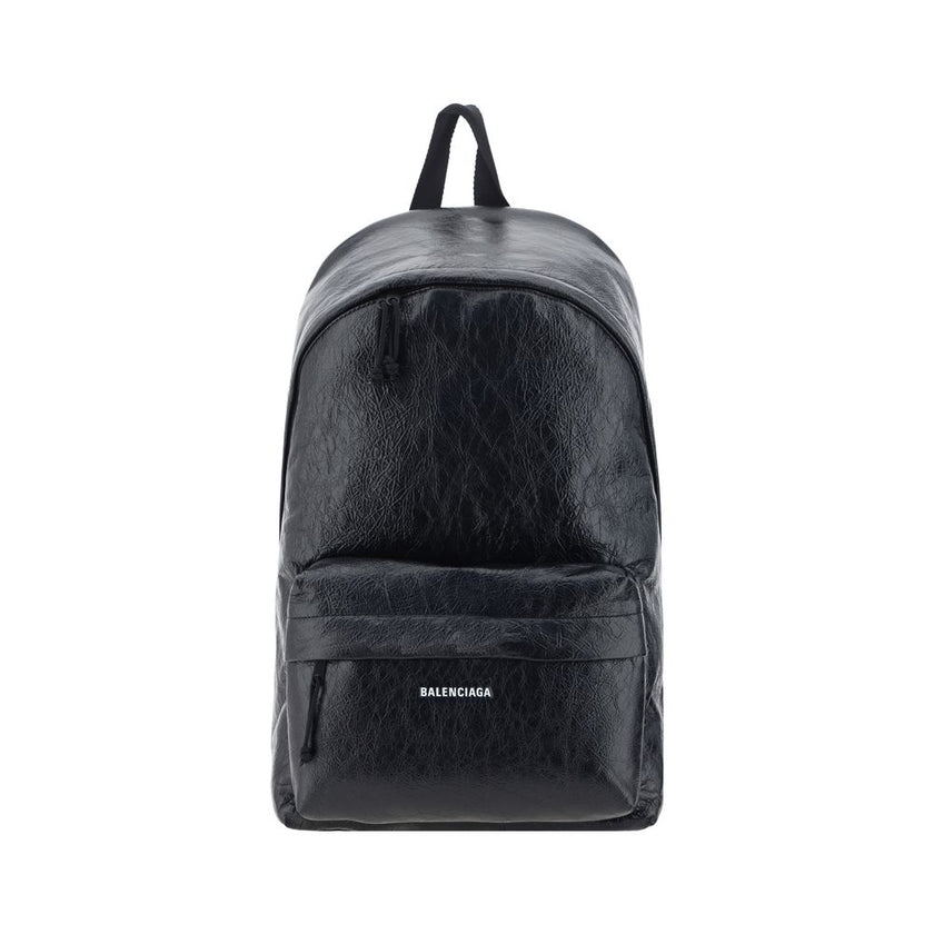 Explorer BackpackCalfskin Explorer Backpack by Balenciaga, double-slider zipper closure, contrasting printed logo on front, front patch pocket with zipper, top handle, adjustable padded shoulder straps, interior slit pocket, lined interior. Season: AW25 D