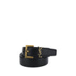 Black Calf Leather Bos Taurus Regular BeltThe Saint Laurent leather Belt is a sophisticated accessory with an essential and refined design. Made of smooth leather, it features a front plaque with the brand’s iconic brass-plated logo, adding a touch of cha