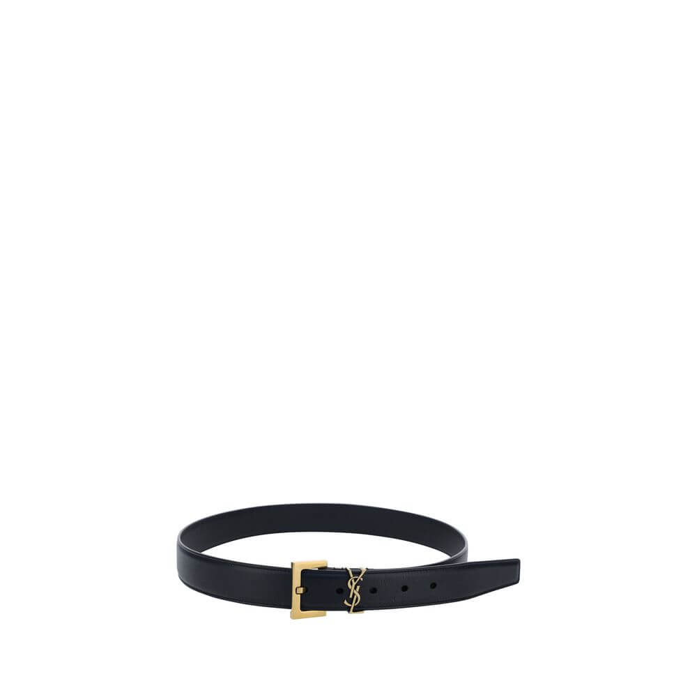 Black Calf Leather Bos Taurus Regular BeltThe Saint Laurent leather Belt is a sophisticated accessory with an essential and refined design. Made of smooth leather, it features a front plaque with the brand’s iconic brass-plated logo, adding a touch of cha