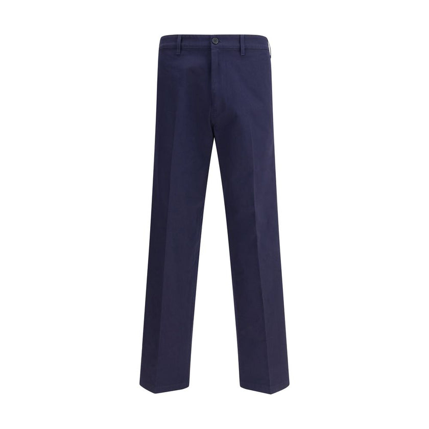 Blue Cotton Chino PantsPrada’s chino Pants offer essential elegance with contemporary style. Featuring a front zipper and button closure, they feature two side welt pockets and back pockets, one of which is embellished with the brand’s iconic logo. Waist