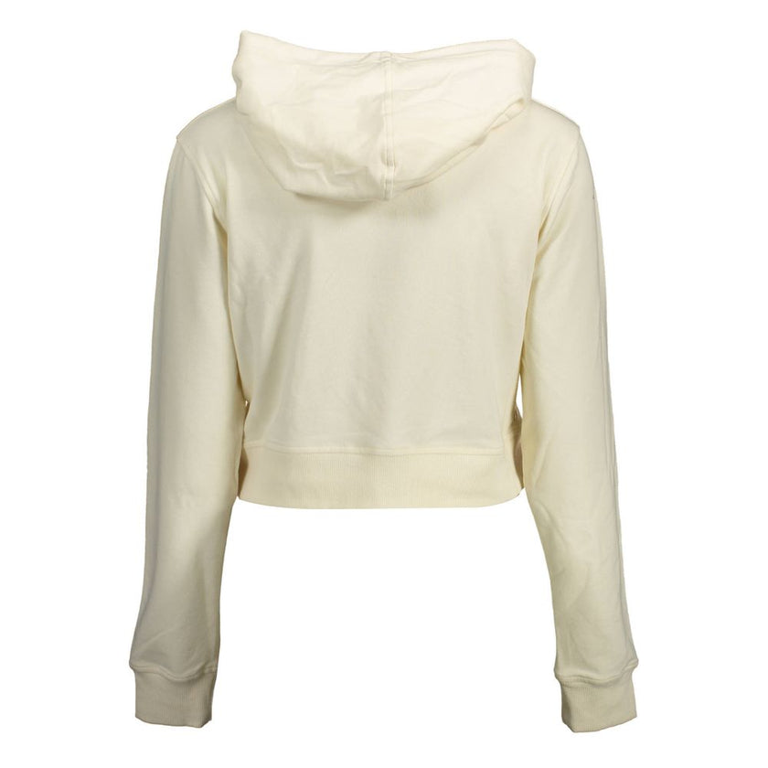 White Cotton Women SweaterElevate your wardrobe with this chic Calvin Klein long-sleeved sweatshirt. Designed for the modern trendsetter, this hoodie epitomizes casual elegance with its sleek white hue, central pocket for functionality, and striking Calvi