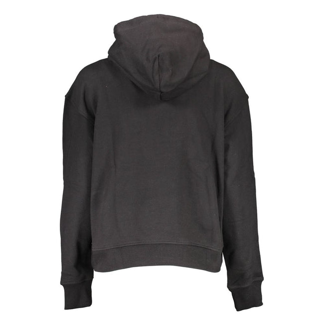Black Cotton Women SweaterInfuse your wardrobe with the bold allure of Calvin Klein’s latest creation. This sleek, black sweatshirt is more than just a casual staple—it’s a statement. Featuring long sleeves, a cozy hood, and a central pocket for a blend o