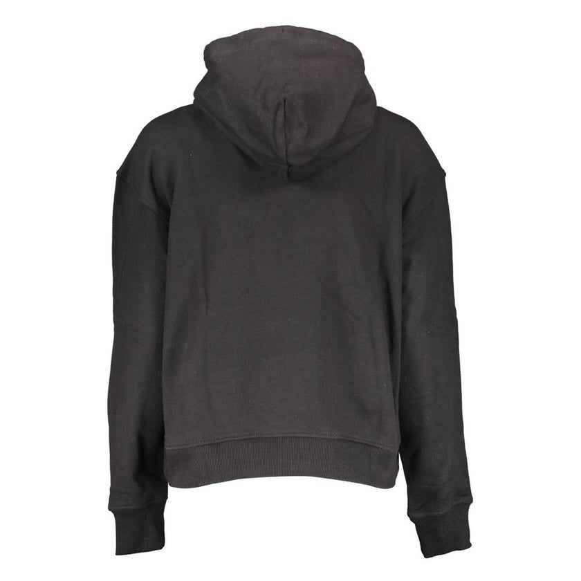 Black Cotton Women SweaterInfuse your wardrobe with the bold allure of Calvin Klein’s latest creation. This sleek, black sweatshirt is more than just a casual staple—it’s a statement. Featuring long sleeves, a cozy hood, and a central pocket for a blend o