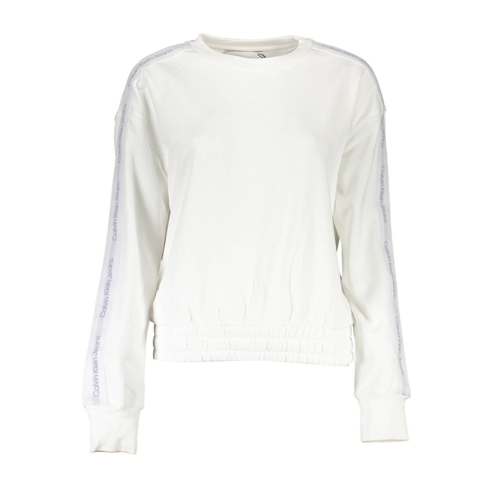 White Cotton Women SweaterElevate your casual wardrobe with a touch of effortless sophistication from Calvin Klein. This white long-sleeved sweatshirt makes a bold statement with its contrasting details and iconic Calvin Klein logo embroidery. Designed to