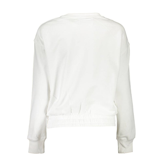White Cotton Women SweaterElevate your casual wardrobe with a touch of effortless sophistication from Calvin Klein. This white long-sleeved sweatshirt makes a bold statement with its contrasting details and iconic Calvin Klein logo embroidery. Designed to