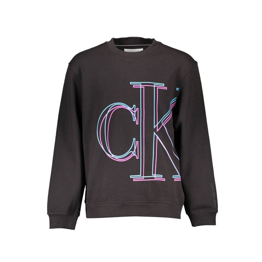 Black Cotton Men SweaterElevate your style with the Calvin Klein difference. This sleek black sweatshirt boasts long sleeves and a contemporary round neck, complete with a bold print and the unmistakable Calvin Klein logo. Crafted from premium cotton, it