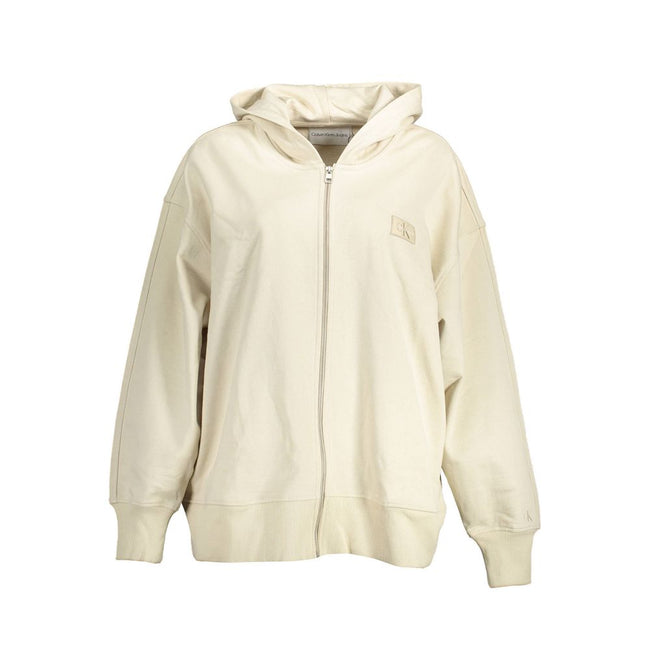 Beige Cotton Women SweaterElevate your casual style with this effortlessly chic Calvin Klein long-sleeved sweatshirt. Crafted from 100% recycled cotton for sustainable luxury, it features a snug hood, practical pockets, and a sleek zip closure. Adorned wi