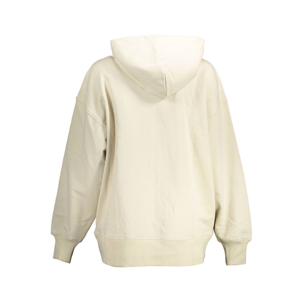 Beige Cotton Women SweaterElevate your casual style with this effortlessly chic Calvin Klein long-sleeved sweatshirt. Crafted from 100% recycled cotton for sustainable luxury, it features a snug hood, practical pockets, and a sleek zip closure. Adorned wi