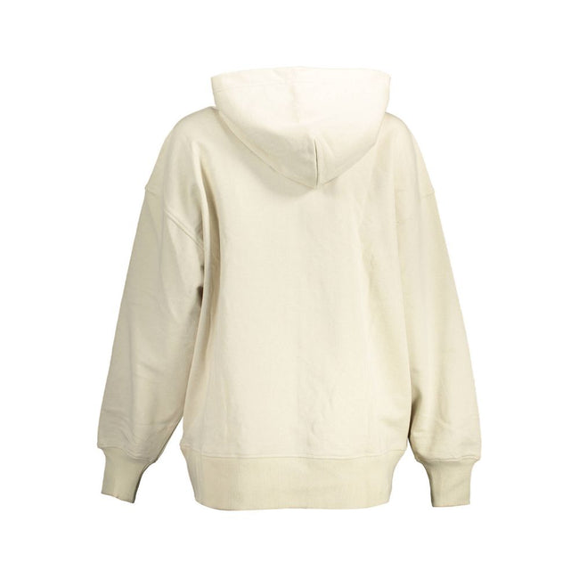 Beige Cotton Women SweaterElevate your casual style with this effortlessly chic Calvin Klein long-sleeved sweatshirt. Crafted from 100% recycled cotton for sustainable luxury, it features a snug hood, practical pockets, and a sleek zip closure. Adorned wi
