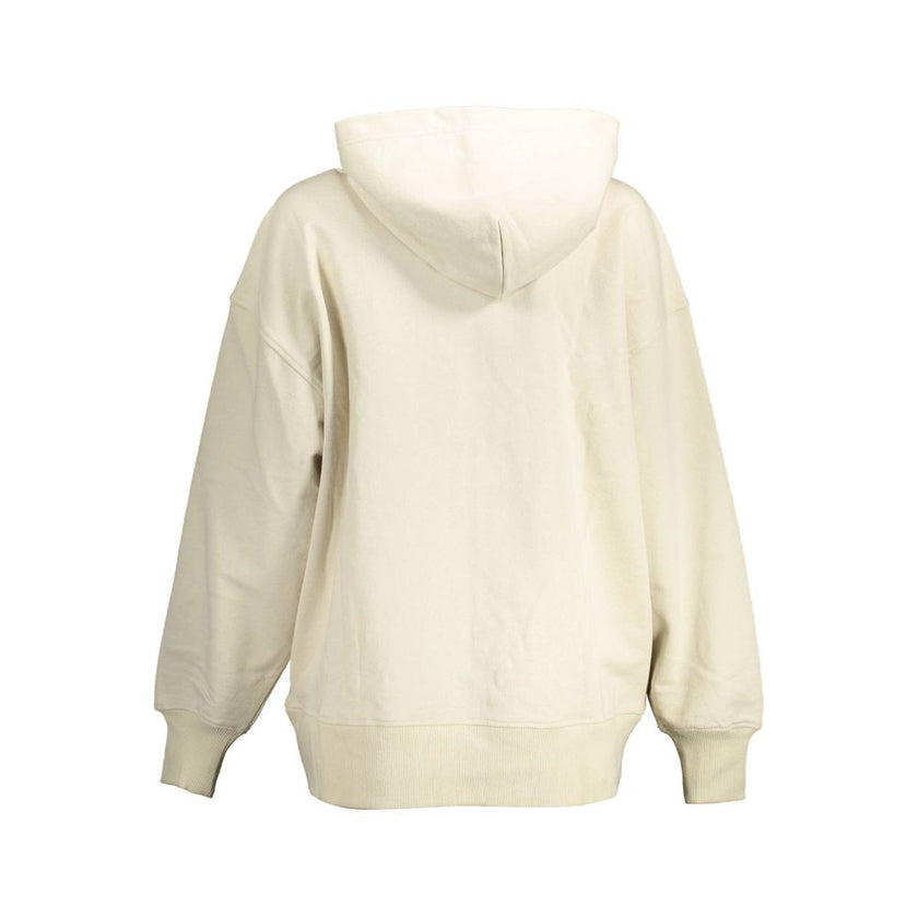 Beige Cotton Women SweaterElevate your casual style with this effortlessly chic Calvin Klein long-sleeved sweatshirt. Crafted from 100% recycled cotton for sustainable luxury, it features a snug hood, practical pockets, and a sleek zip closure. Adorned wi