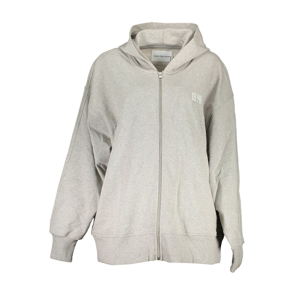 Gray Cotton Women SweaterElevate your wardrobe with the quintessential Calvin Klein hoodie, where eco-conscious fashion meets timeless comfort. Featuring an effortlessly chic long-sleeved design, this gray hooded sweatshirt comes complete with dual pocket