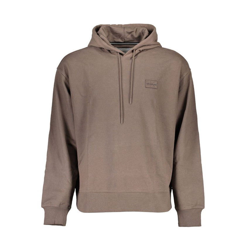 Brown Cotton Men SweaterIndulge in the epitome of modern comfort with this Calvin Klein long-sleeved hooded sweatshirt. A prime example of sustainable fashion, it boasts an eye-catching application adorned with the iconic logo, all crafted from 100% recyc