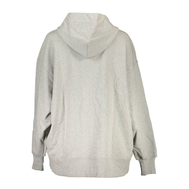 Gray Cotton Women SweaterElevate your wardrobe with the quintessential Calvin Klein hoodie, where eco-conscious fashion meets timeless comfort. Featuring an effortlessly chic long-sleeved design, this gray hooded sweatshirt comes complete with dual pocket