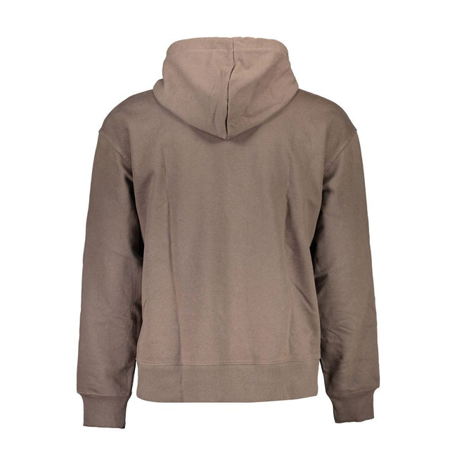 Brown Cotton Men SweaterIndulge in the epitome of modern comfort with this Calvin Klein long-sleeved hooded sweatshirt. A prime example of sustainable fashion, it boasts an eye-catching application adorned with the iconic logo, all crafted from 100% recyc