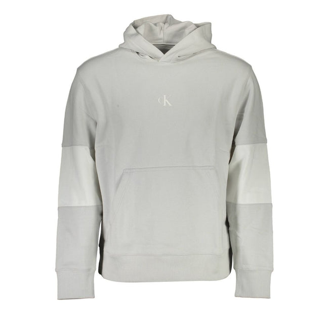 Gray Cotton Men SweaterDrape yourself in the seamless blend of comfort and style with this Calvin Klein long-sleeved sweatshirt. Crafted for the modern trendsetter, it features a cozy hood, a convenient central pocket, and eye-catching contrasting details
