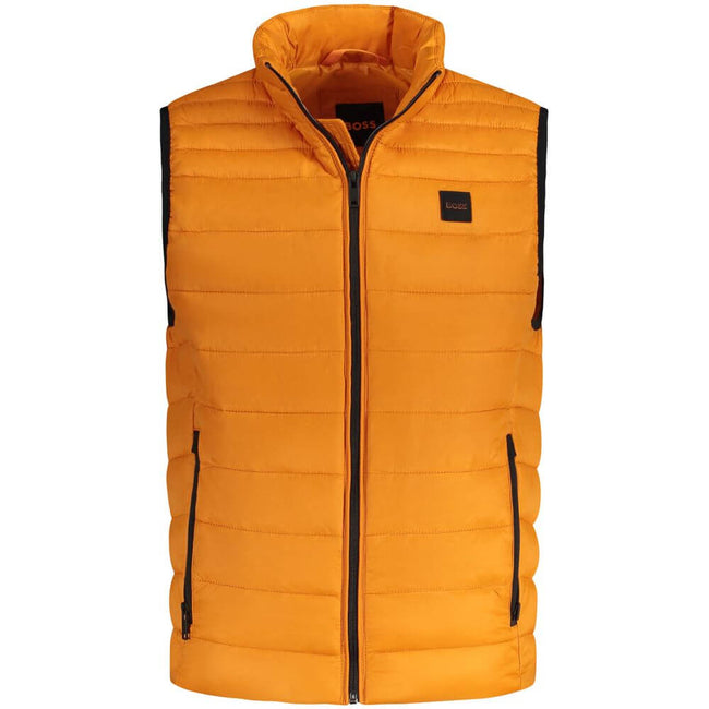 Orange Polyamide Men JacketIndulge in the epitome of contemporary style with this striking orange Hugo Boss jacket. A seamless blend of functionality and fashion, it sports a sleeveless design perfect for layering, alongside two external pockets and an ad