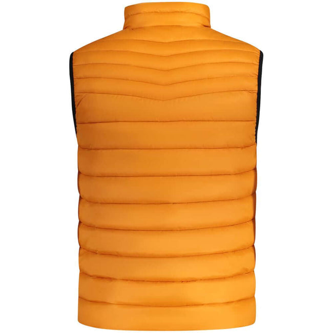 Orange Polyamide Men JacketIndulge in the epitome of contemporary style with this striking orange Hugo Boss jacket. A seamless blend of functionality and fashion, it sports a sleeveless design perfect for layering, alongside two external pockets and an ad