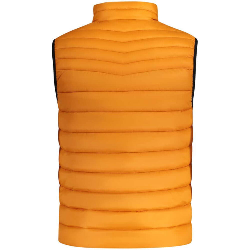 Orange Polyamide Men JacketIndulge in the epitome of contemporary style with this striking orange Hugo Boss jacket. A seamless blend of functionality and fashion, it sports a sleeveless design perfect for layering, alongside two external pockets and an ad