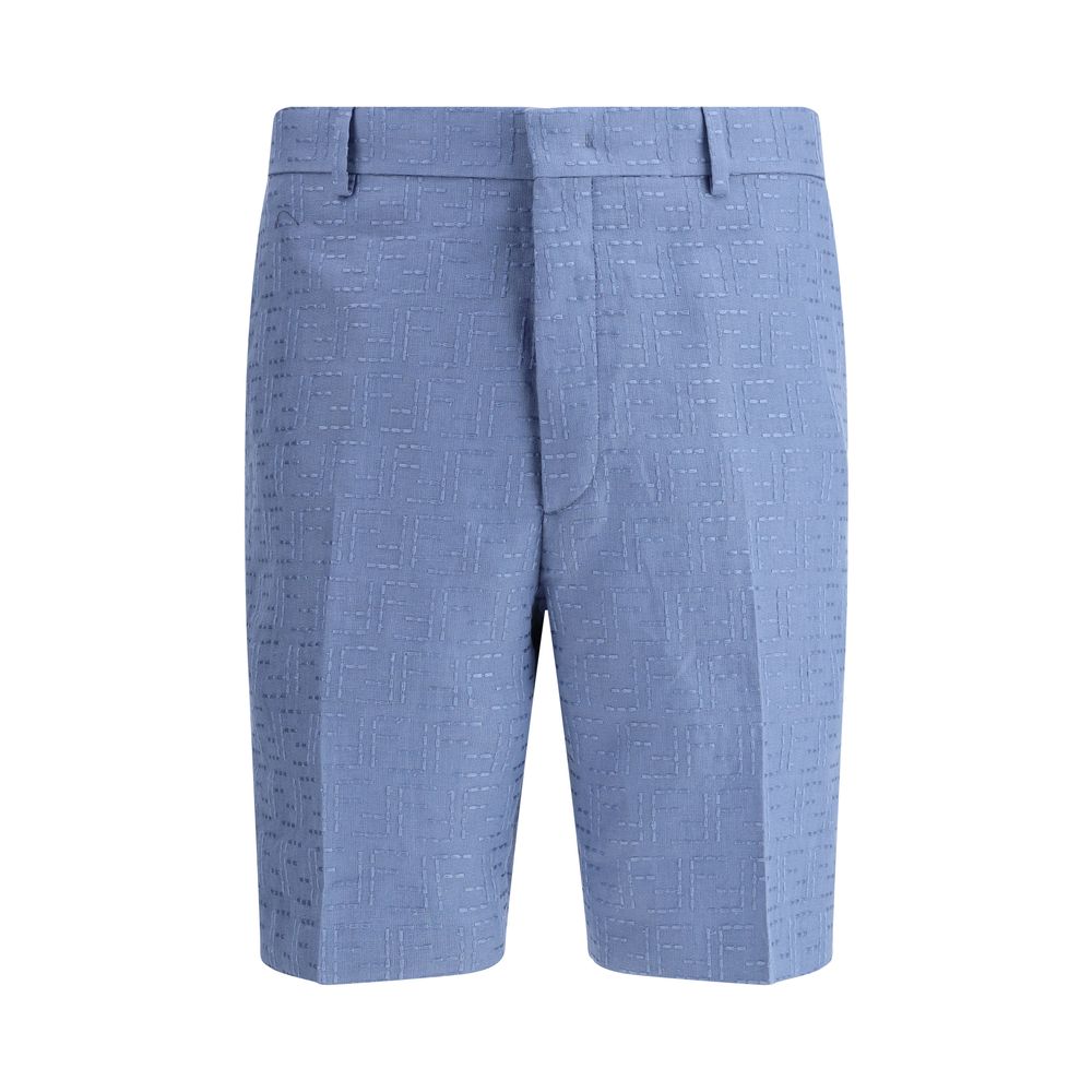 Light Blue Linen Bermuda ShortsFendi’s signature linen jacquard Shorts feature the iconic FF all-over pattern. They feature belt loops, side pockets and buttoned welt back pockets. Covered front zipper closure and small side slits at the bottom. A refined