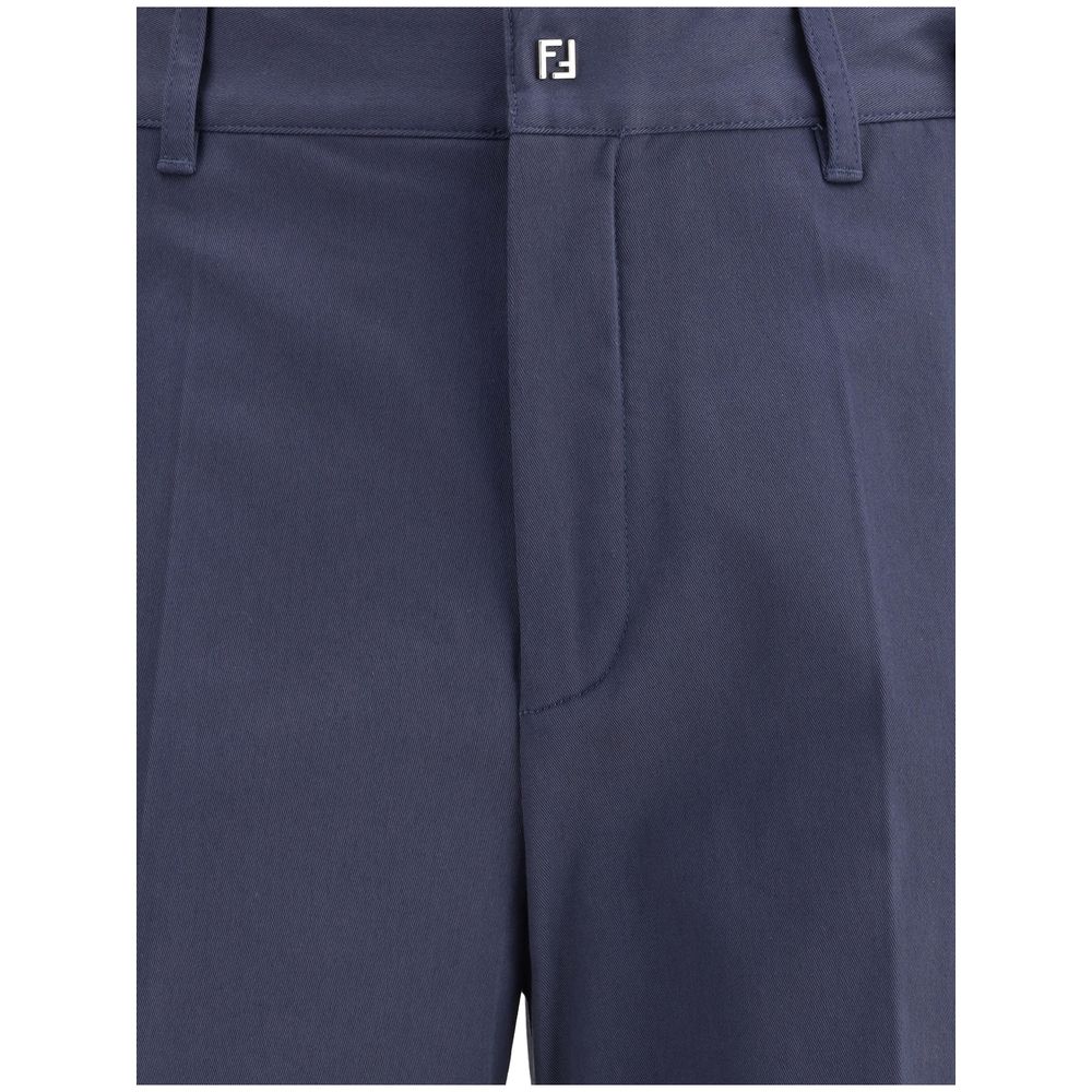 Blue Cotton Casual PantsFendi’s cotton New Rich Pants combine clean lines and distinctive details for a contemporary, refined look. Made of high-quality cotton, they feature a front zipper and button closure, belt loops at the waist, and a functional desi
