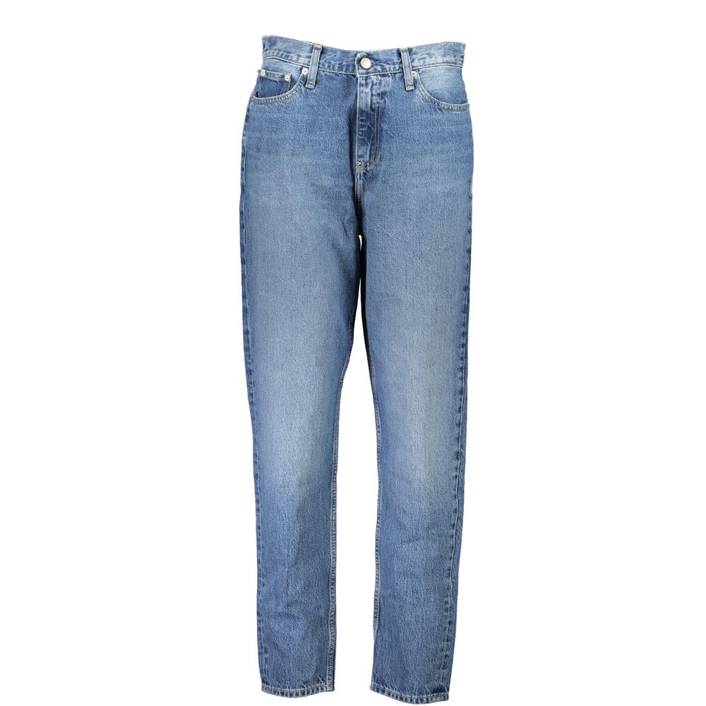 Blue Cotton Women JeanElevate your denim repertoire with the iconic Calvin Klein Mom Jeans. Tailored for a trendsetting fit, these jeans feature a tastefully washed effect that exudes vintage charm. With a classic five-pocket design, they come complete wi