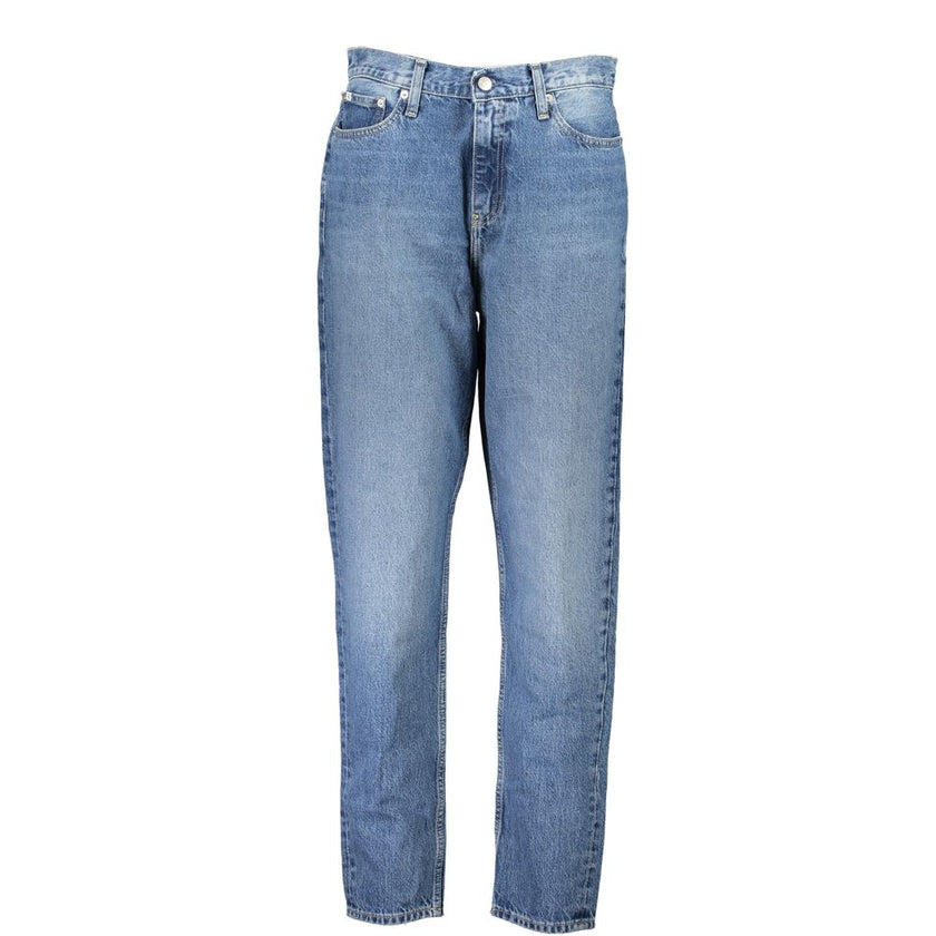Blue Cotton Women JeanElevate your denim repertoire with the iconic Calvin Klein Mom Jeans. Tailored for a trendsetting fit, these jeans feature a tastefully washed effect that exudes vintage charm. With a classic five-pocket design, they come complete wi