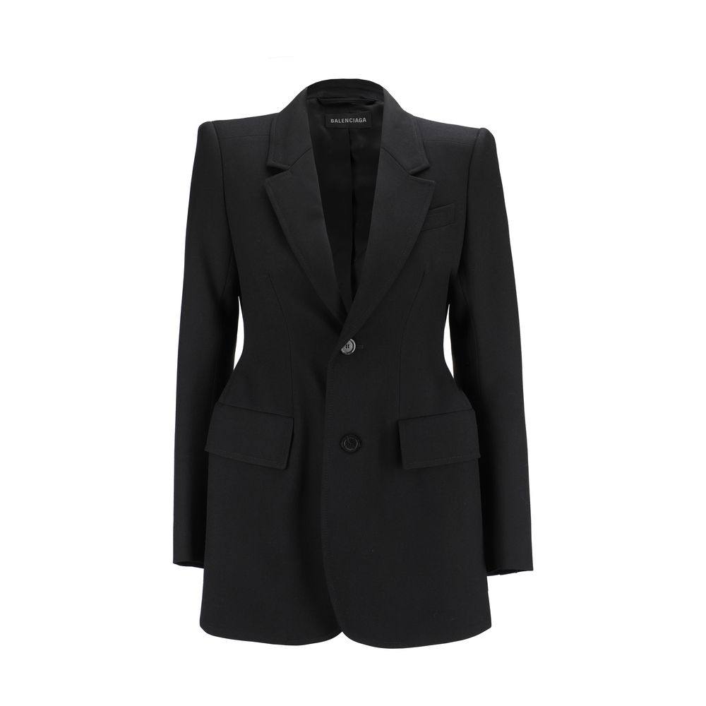Black Wool BlazerWool Blazer Jacket by Balenciaga featuring front button closure, classic lapels, two side flap welt pockets, one front welt pocket, structured shoulders, regular fit. Season: AW25 Composition: 100% Wool MADE IN ITALYBlack Wool Blazer${tag