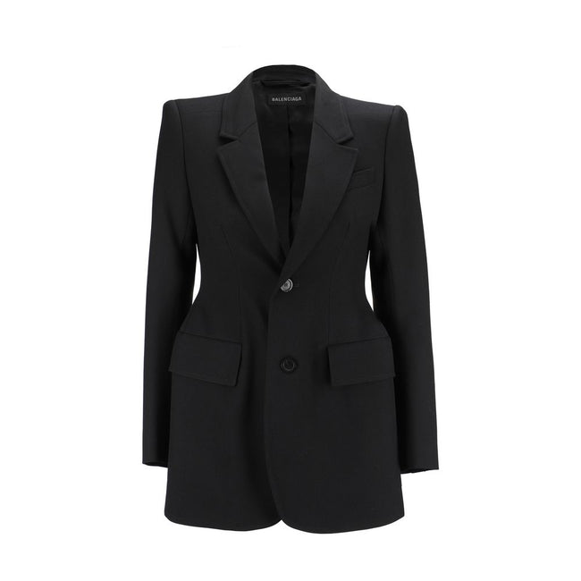 Black Wool BlazerWool Blazer Jacket by Balenciaga featuring front button closure, classic lapels, two side flap welt pockets, one front welt pocket, structured shoulders, regular fit. Season: AW25 Composition: 100% Wool MADE IN ITALYBlack Wool Blazer${tag