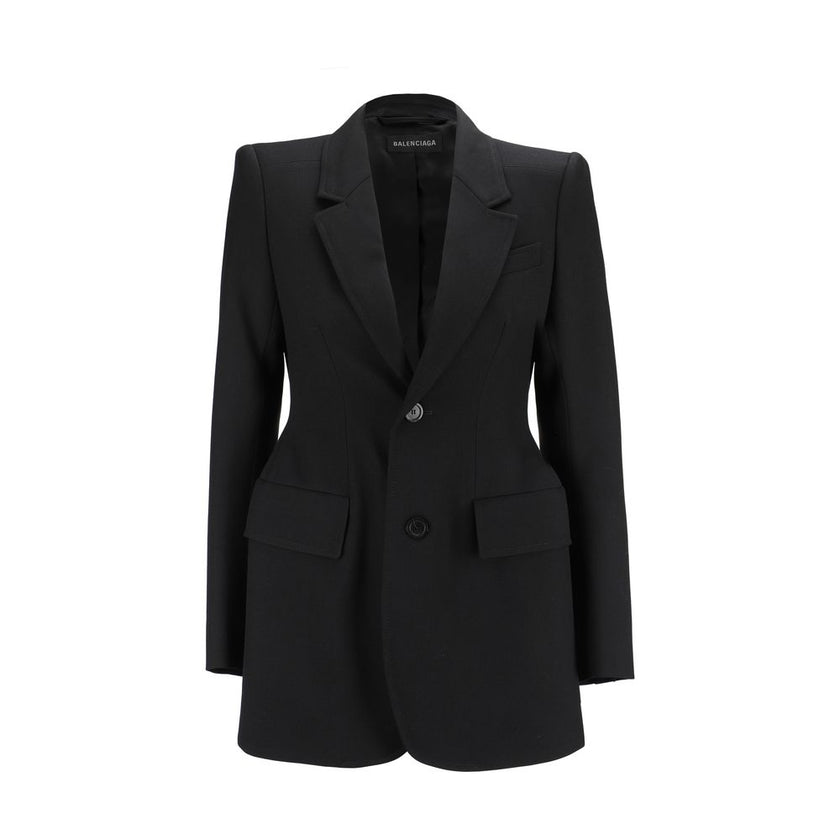 Black Wool BlazerWool Blazer Jacket by Balenciaga featuring front button closure, classic lapels, two side flap welt pockets, one front welt pocket, structured shoulders, regular fit. Season: AW25 Composition: 100% Wool MADE IN ITALYBlack Wool Blazer${tag