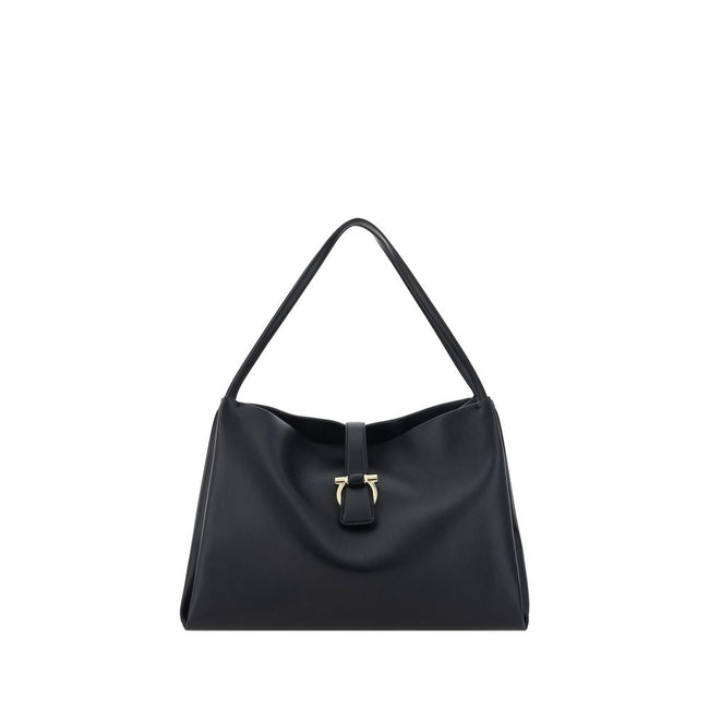 Black Calf Leather Bos Taurus HandbagLeather Handbag by Ferragamo, double flat top handles, magnetic flap top closure, grained leather design, iconic three-dimensional logo applique on front, interior welt pocket. Season: AW25 Dimension: 38x38x17 Composit