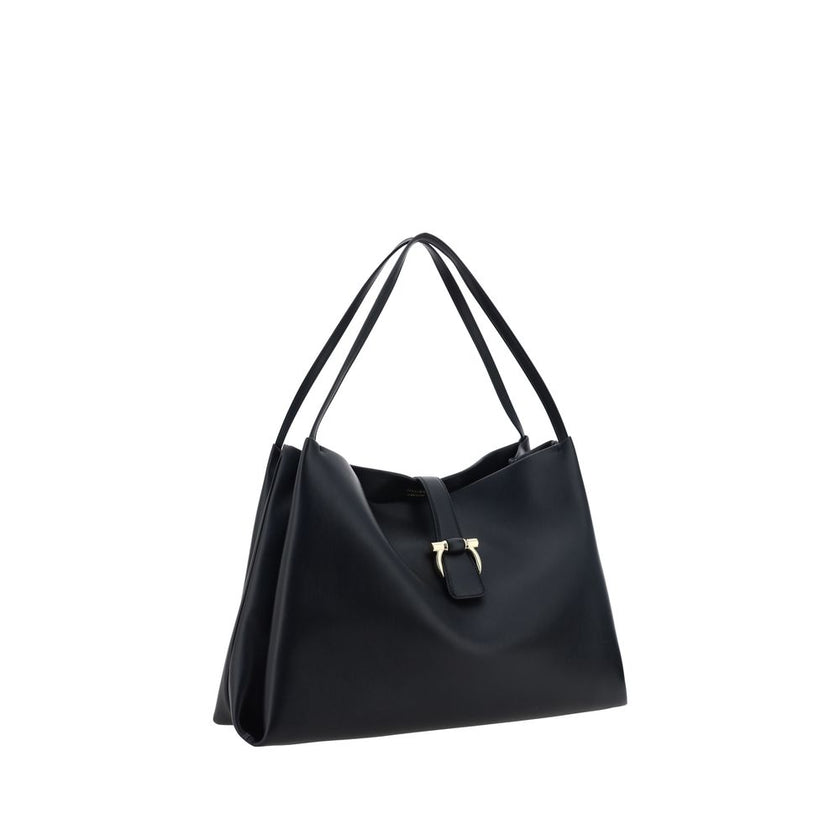 Black Calf Leather Bos Taurus HandbagLeather Handbag by Ferragamo, double flat top handles, magnetic flap top closure, grained leather design, iconic three-dimensional logo applique on front, interior welt pocket. Season: AW25 Dimension: 38x38x17 Composit