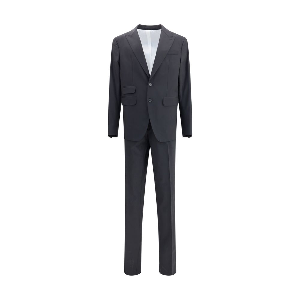 Black Fleece Wool Two-Piece SuitDsquared2 Virgin Wool London Suit, consisting of jacket and pants. Wool blazer jacket, front button closure, three welt pockets on the front with flap, one slit pocket on the front, peaked lapels. Classic wool pants, front