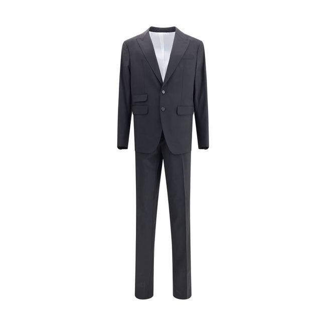 Black Fleece Wool Two-Piece SuitDsquared2 Virgin Wool London Suit, consisting of jacket and pants. Wool blazer jacket, front button closure, three welt pockets on the front with flap, one slit pocket on the front, peaked lapels. Classic wool pants, front