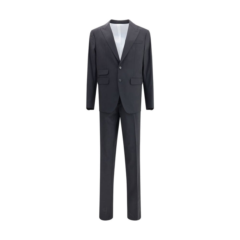 Black Fleece Wool Two-Piece SuitDsquared2 Virgin Wool London Suit, consisting of jacket and pants. Wool blazer jacket, front button closure, three welt pockets on the front with flap, one slit pocket on the front, peaked lapels. Classic wool pants, front