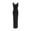 Black Viscose Casual DressVersace’s Sleeveless jersey Dress is a draped design that elegantly enhances the silhouette. Featuring a soft neckline, it is embellished with iconic details: golden logo pins applied on the front and shoulder, recalling the Mais