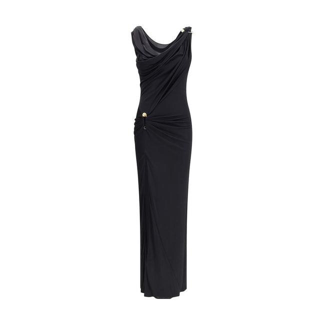 Black Viscose Casual DressVersace’s Sleeveless jersey Dress is a draped design that elegantly enhances the silhouette. Featuring a soft neckline, it is embellished with iconic details: golden logo pins applied on the front and shoulder, recalling the Mais