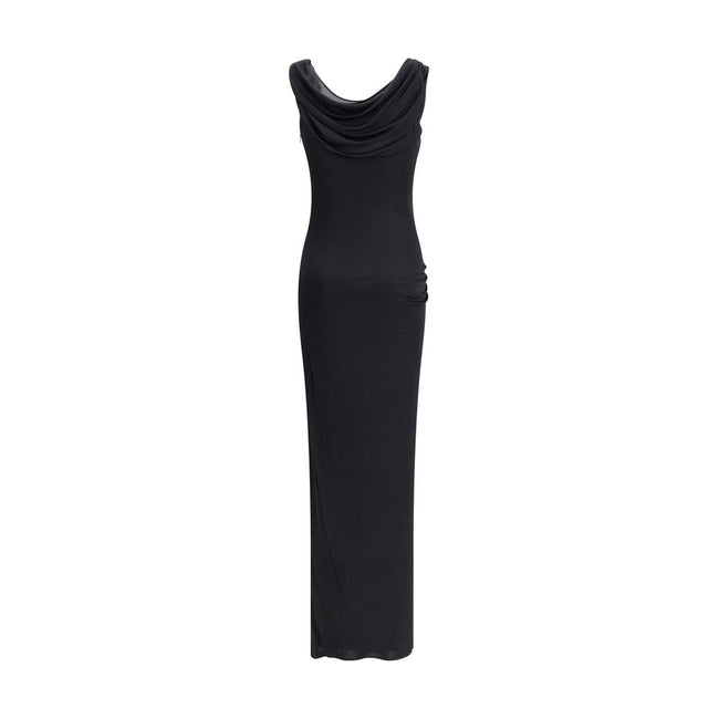 Black Viscose Casual DressVersace’s Sleeveless jersey Dress is a draped design that elegantly enhances the silhouette. Featuring a soft neckline, it is embellished with iconic details: golden logo pins applied on the front and shoulder, recalling the Mais