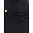 Black Viscose Casual DressVersace’s Sleeveless jersey Dress is a draped design that elegantly enhances the silhouette. Featuring a soft neckline, it is embellished with iconic details: golden logo pins applied on the front and shoulder, recalling the Mais