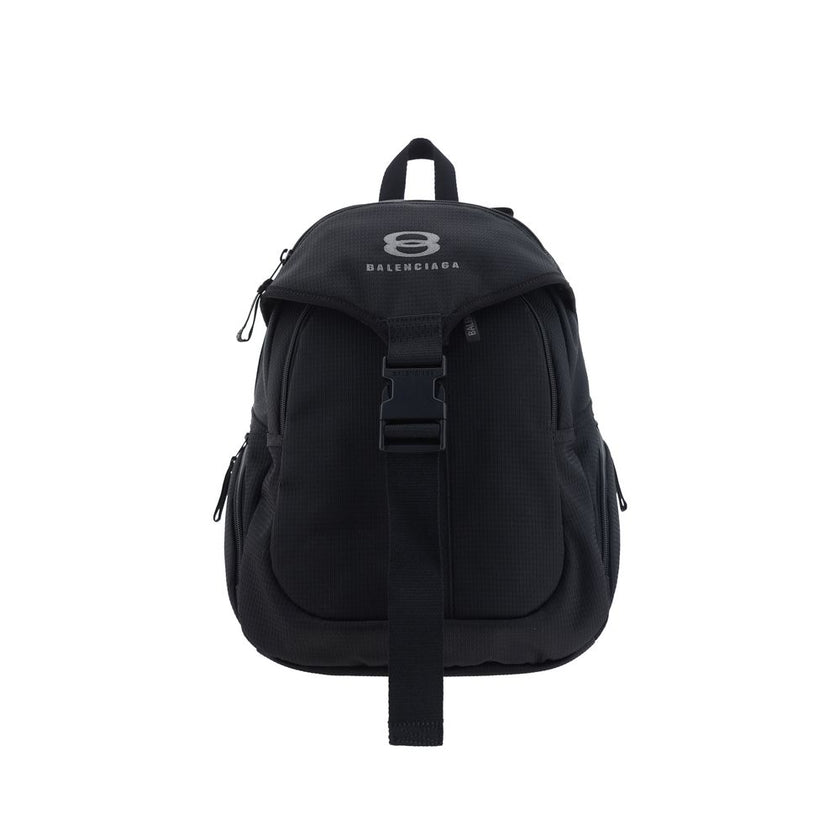 Black Polyamide BackpackUnity Backpack by Balenciaga, top handle, adjustable shoulder straps, front flap and buckle closure, two zippered pockets for closure on side panels, iconic contrasting brand monogram on front flap, zippered slit pocket on flap. Se