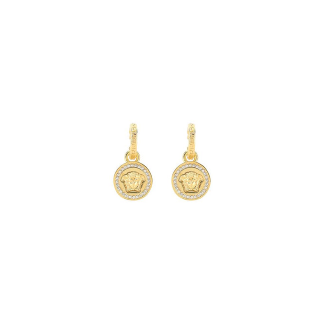 Gold Brass EarringsVersace Earrings feature a timeless round design, embellished with the iconic Medusa head in relief on the front. A distinctive symbol of the House, they add a bold and recognizable touch to any look, blending classic elegance and stron