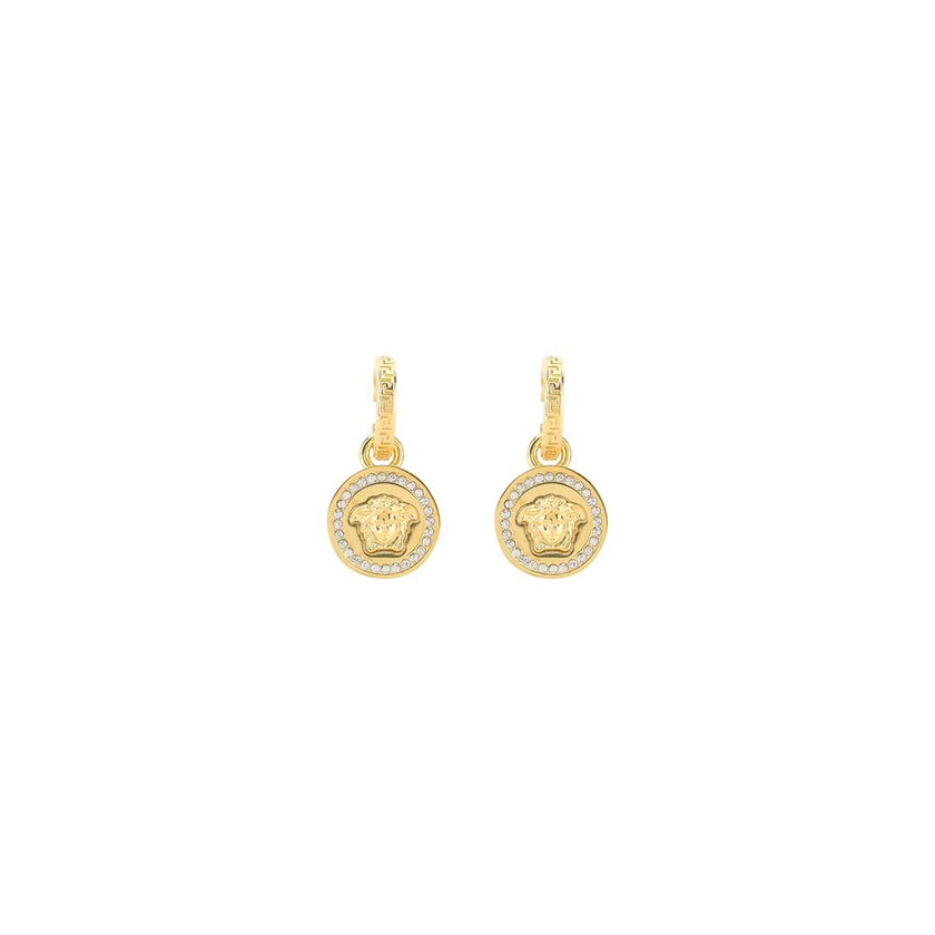 Gold Brass EarringsVersace Earrings feature a timeless round design, embellished with the iconic Medusa head in relief on the front. A distinctive symbol of the House, they add a bold and recognizable touch to any look, blending classic elegance and stron