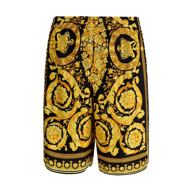 Multicolor Silk Bermuda ShortsSilk Shorts by Versace featuring the brand’s iconic baroque pattern. The model features an elasticized waistband for a comfortable and flexible fit, two side slash pockets and a welt pocket on the back. A lightweight and refi