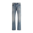 Blue Cotton Straight-Leg JeansVersace’s cotton Jeans combine classic design with the Maison’s iconic codes. They feature a front zipper and button closure, belt loops at the waist and a traditional five-pocket pattern. On the front, a metallic detail with