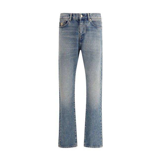 Blue Cotton Straight-Leg JeansVersace’s cotton Jeans combine classic design with the Maison’s iconic codes. They feature a front zipper and button closure, belt loops at the waist and a traditional five-pocket pattern. On the front, a metallic detail with