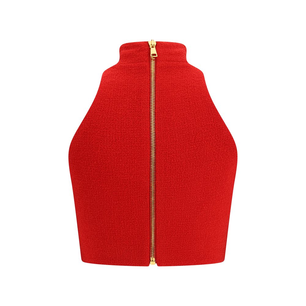 Red Fleece Wool TopBalmain’s bouclé wool crop Top is a sophisticated and characterful piece. Sleeveless and high-necked, it features a front zipper closure that adds a modern and functional detail, making it perfect for sleek, contemporary looks. Season: