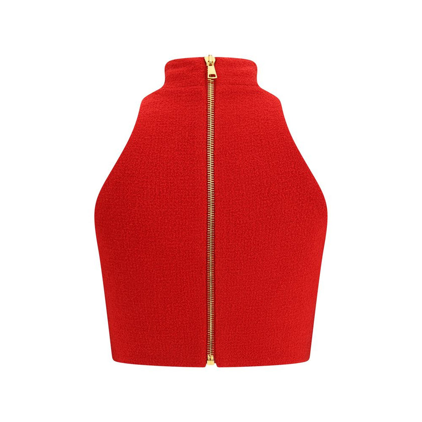Red Fleece Wool TopBalmain’s bouclé wool crop Top is a sophisticated and characterful piece. Sleeveless and high-necked, it features a front zipper closure that adds a modern and functional detail, making it perfect for sleek, contemporary looks. Season: