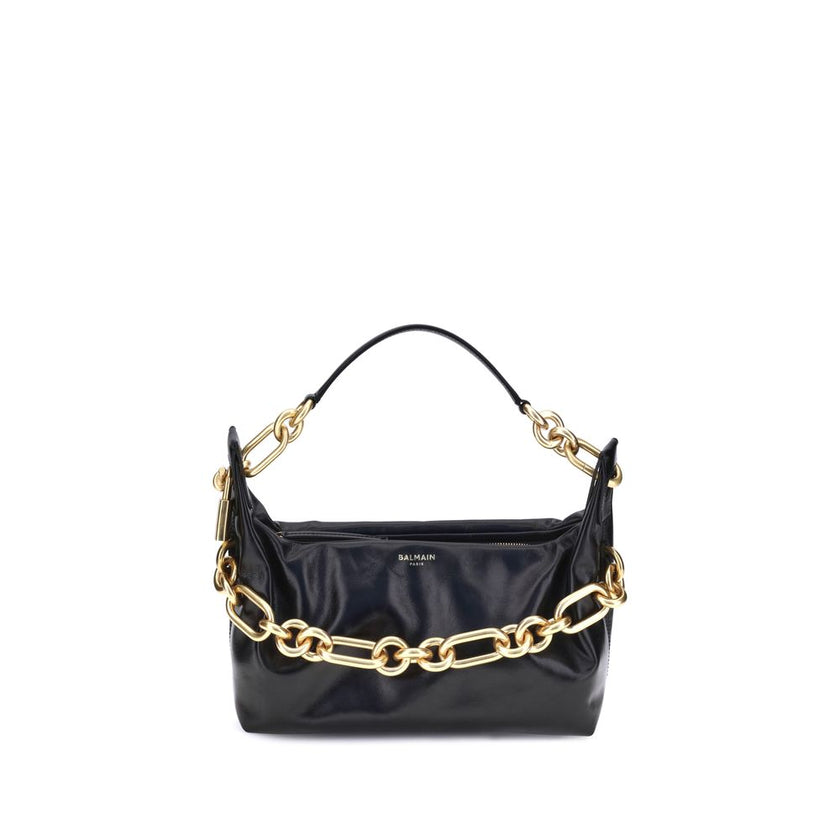 Black Calf Leather Bos Taurus Shoulder BagBalmain’s leather Sync Shoulder Bag combines bold elegance with iconic details. Featuring double handles, one in gold chain and the other in leather; it has a top zipper closure and leather slider for a practical