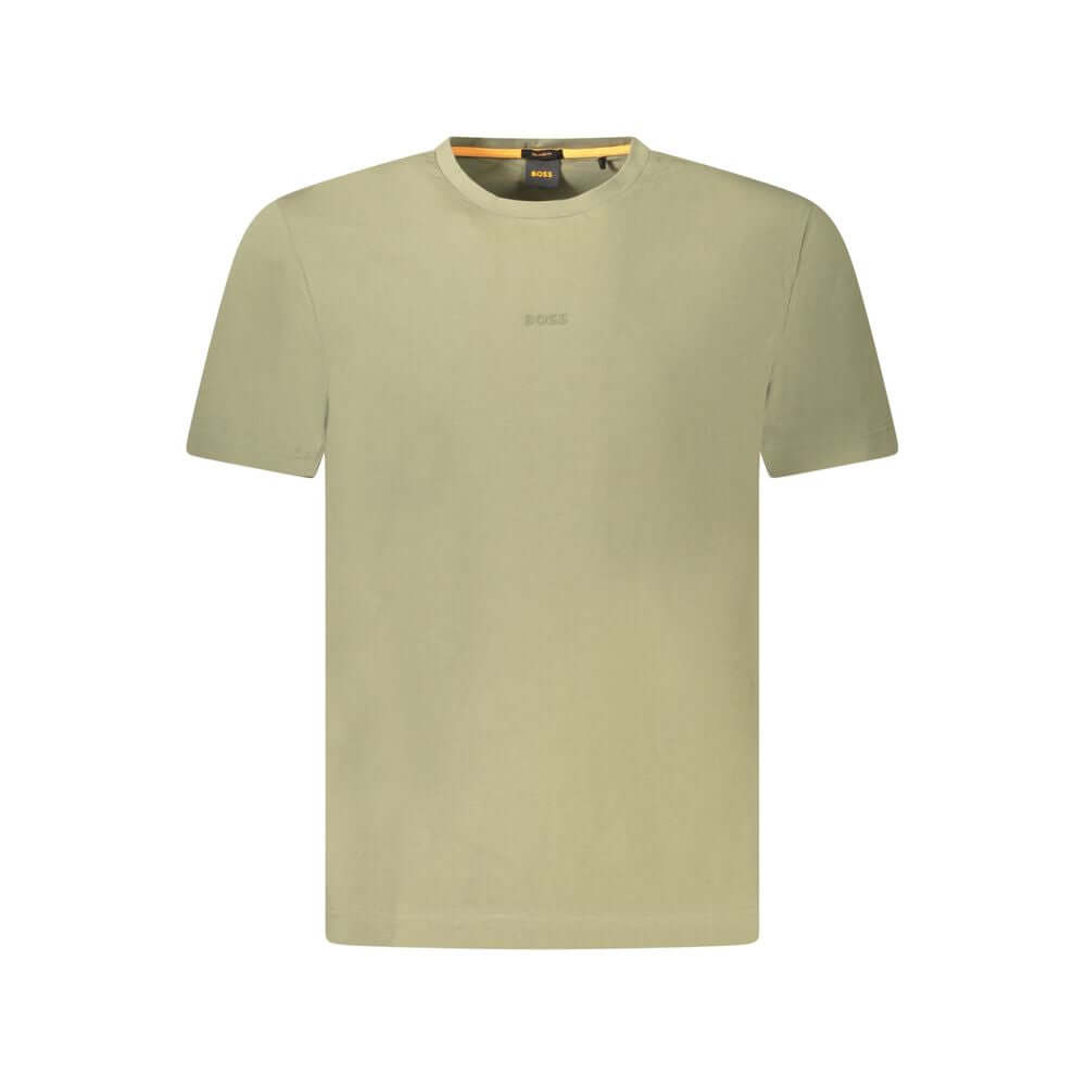 Green Cotton Men TShirtElevate your wardrobe with the epitome of casual sophistication: the Hugo Boss short sleeve T-shirt. This relaxed fit Tee exudes an effortless vibe while showcasing your penchant for luxury with its signature Hugo Boss logo applicat